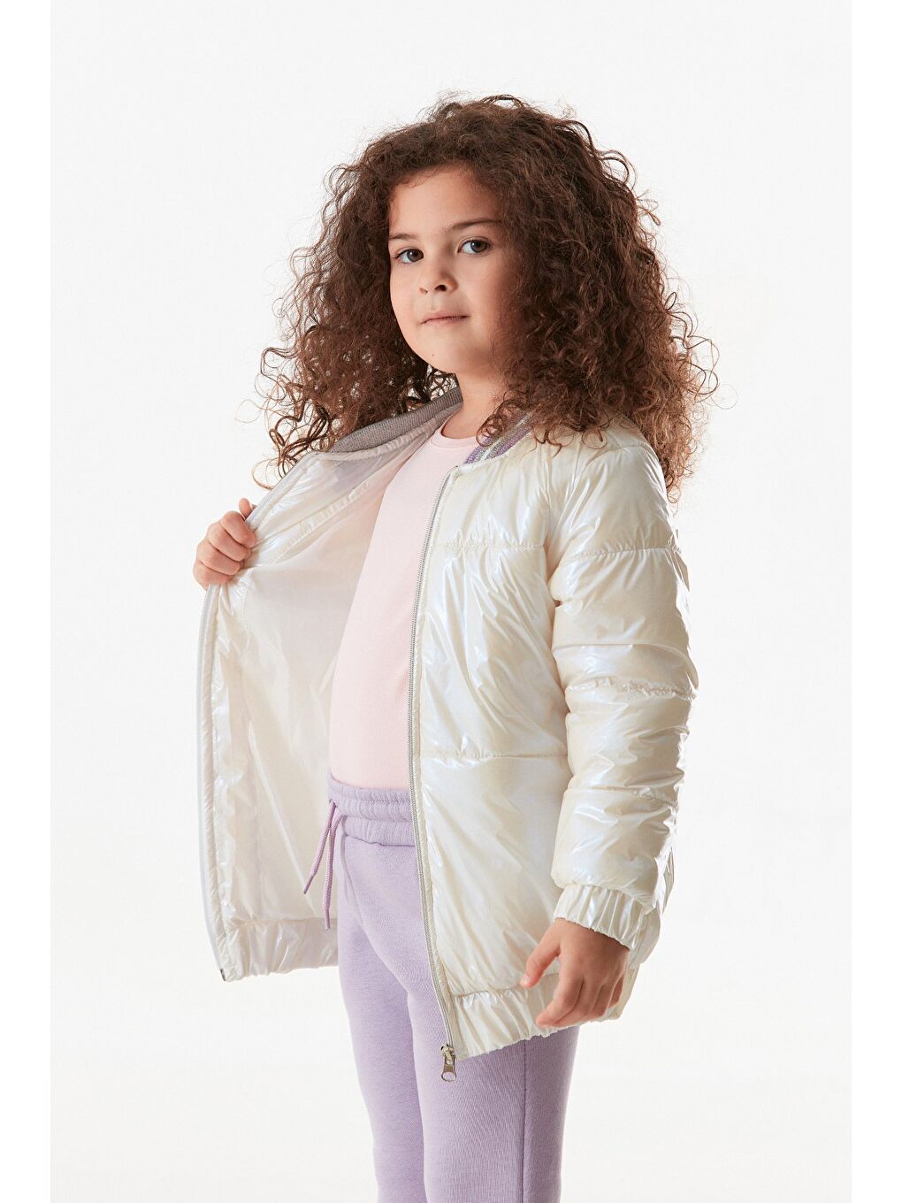 Ekru Flamingo Armalı Işıklı Kız Çocuk Mont