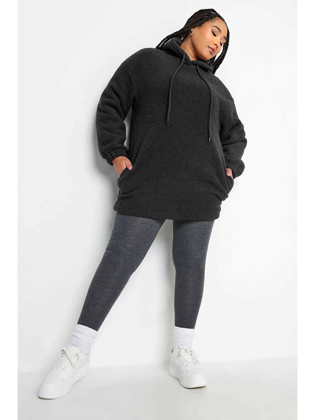 Stil Diva Siyah Büyük Beden Uzun Kollu Kapüşonlu Yumuşak Dokulu Polar Sweatshirt 302778 - 4