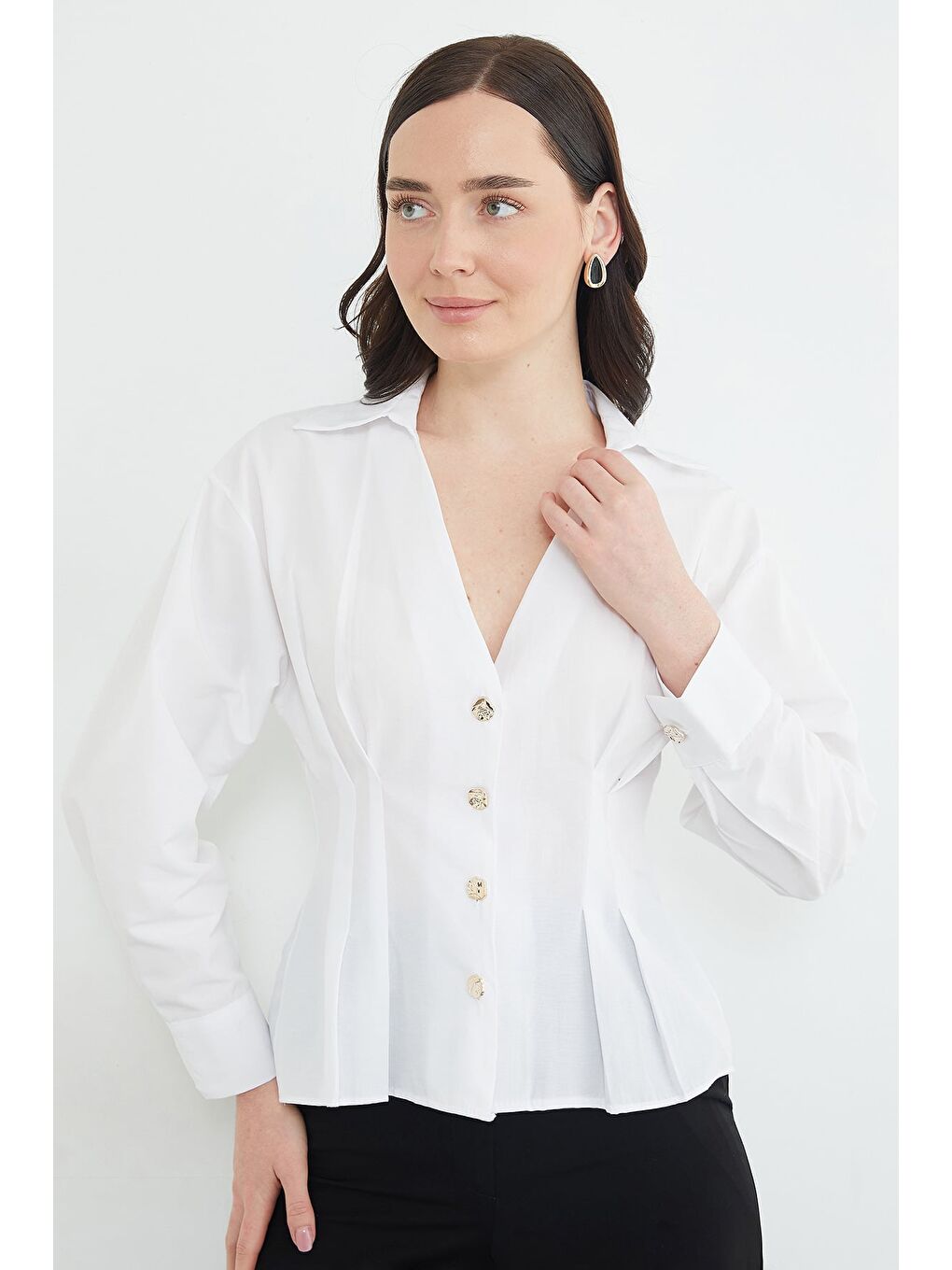 Beyaz Beli Pensli Pileli  Gömlek-4