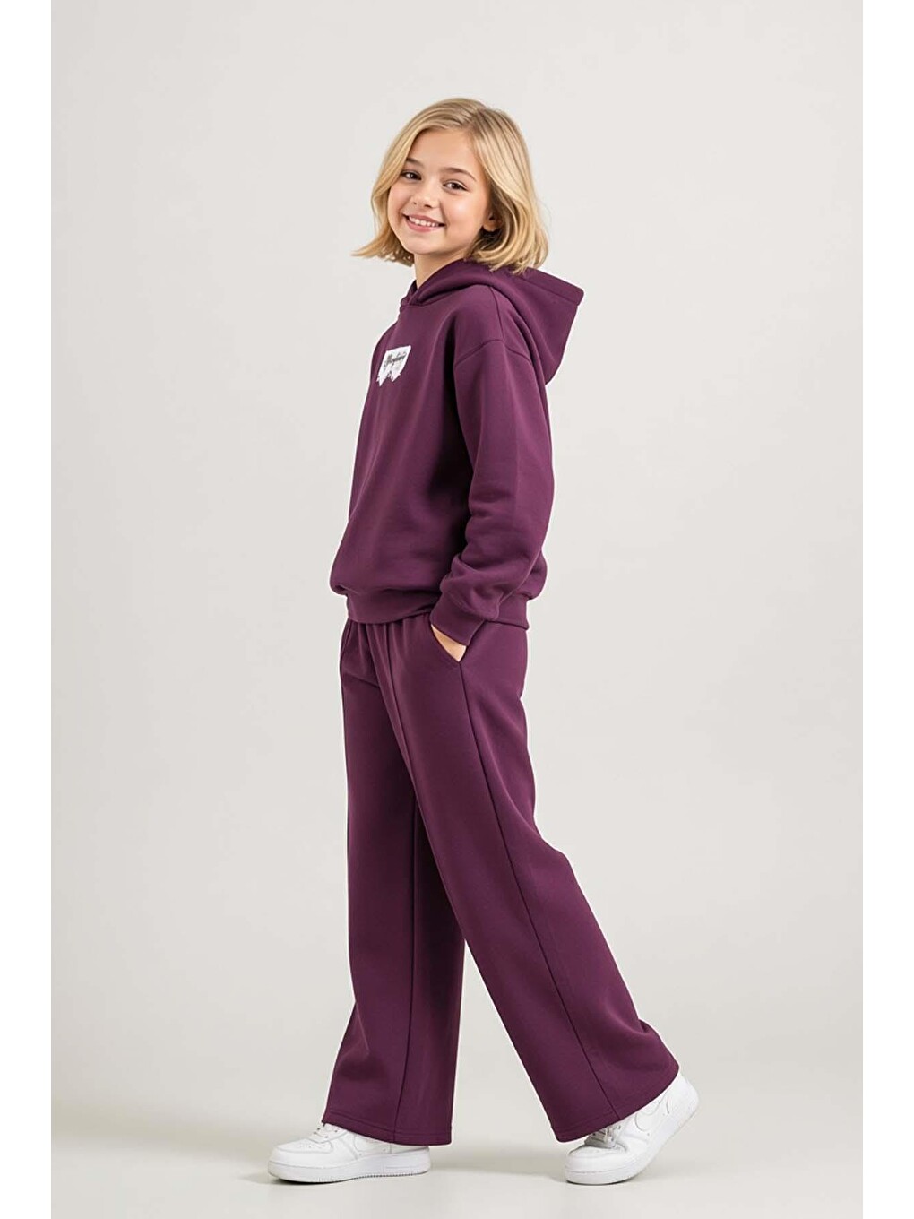 Kız Çocuk Üzeri Dantel Bonjour Yazı Detaylı Kapüşonlu Sweatshirt Bol Kesim Mürdüm Eşofman Takım-2