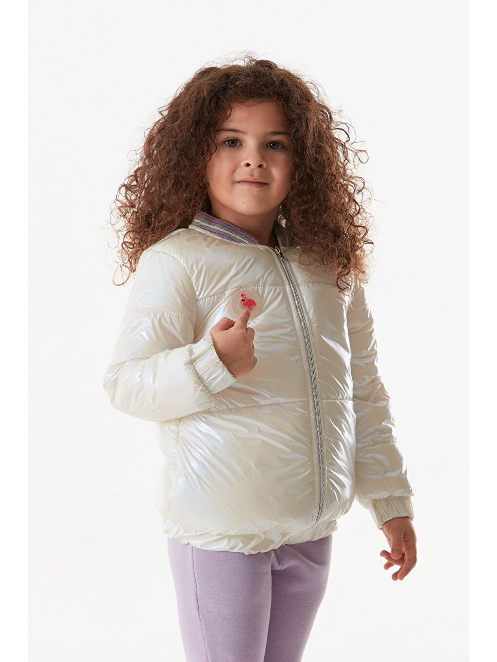 Ekru Flamingo Armalı Işıklı Kız Çocuk Mont-1