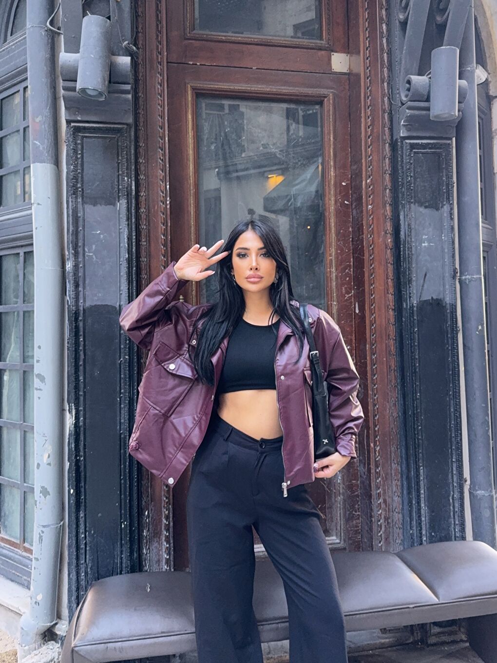 Bordo Bel Lastik Detay Deri Ceket-4