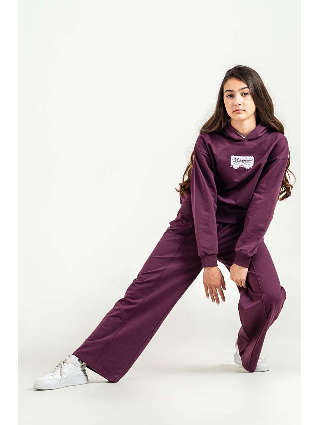 Kız Çocuk Üzeri Dantel Bonjour Yazı Detaylı Kapüşonlu Sweatshirt Bol Kesim Mürdüm Eşofman Takım-3