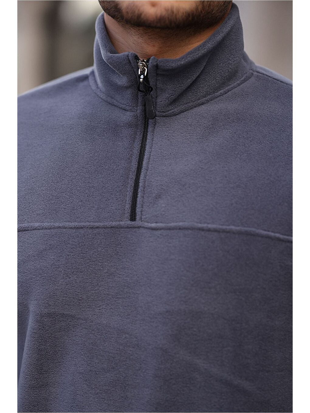 Gri Yarım Fermuarlı Polar Sweatshirt-1