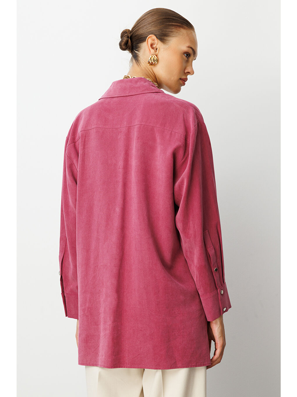 Yan Düğmeli Mürdüm Cupro Tunik-3