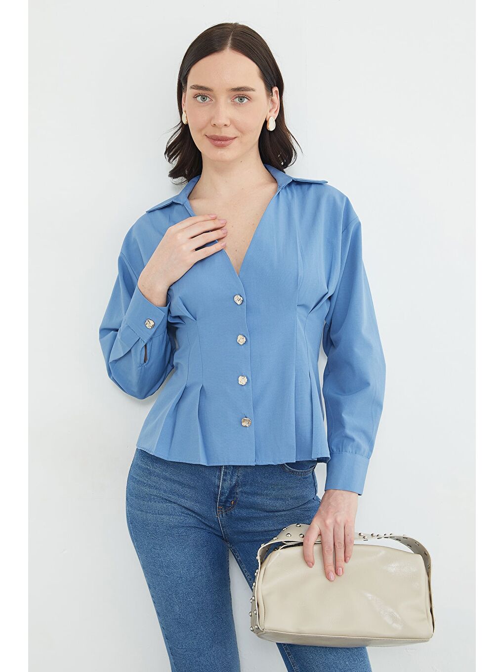 Mavi Beli Pensli Pileli  Gömlek-2