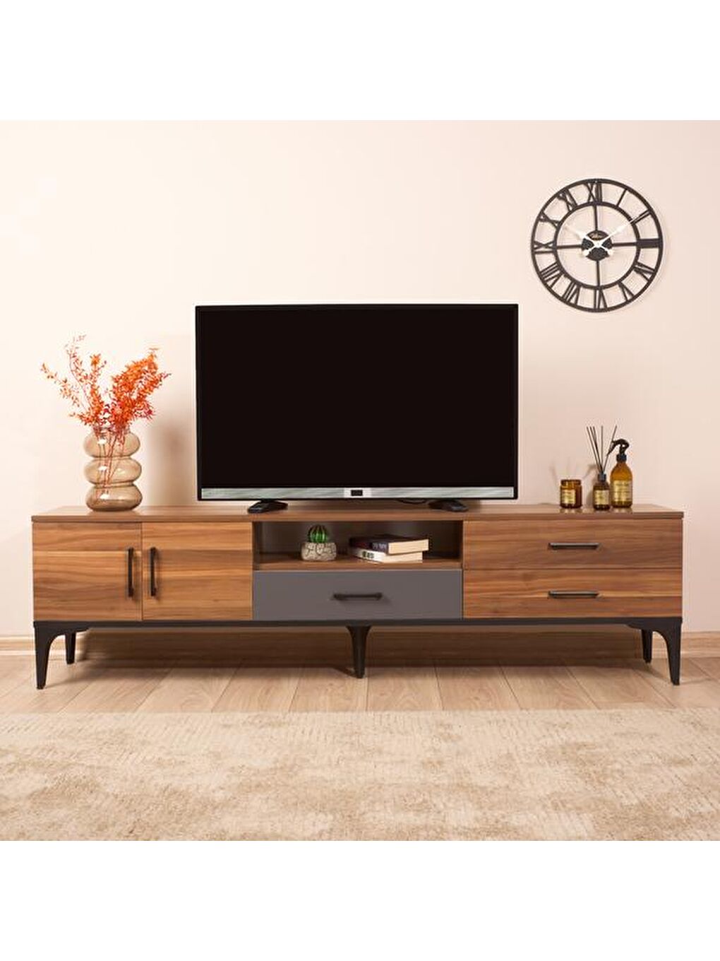 Ekru Lily Tv Ünitesi - Ceviz / Antrasit - 48x35x180 cm