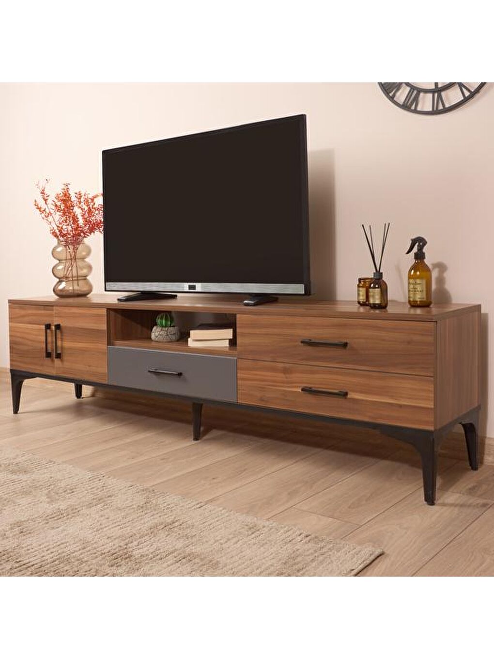 Ekru Lily Tv Ünitesi - Ceviz / Antrasit - 48x35x180 cm-1