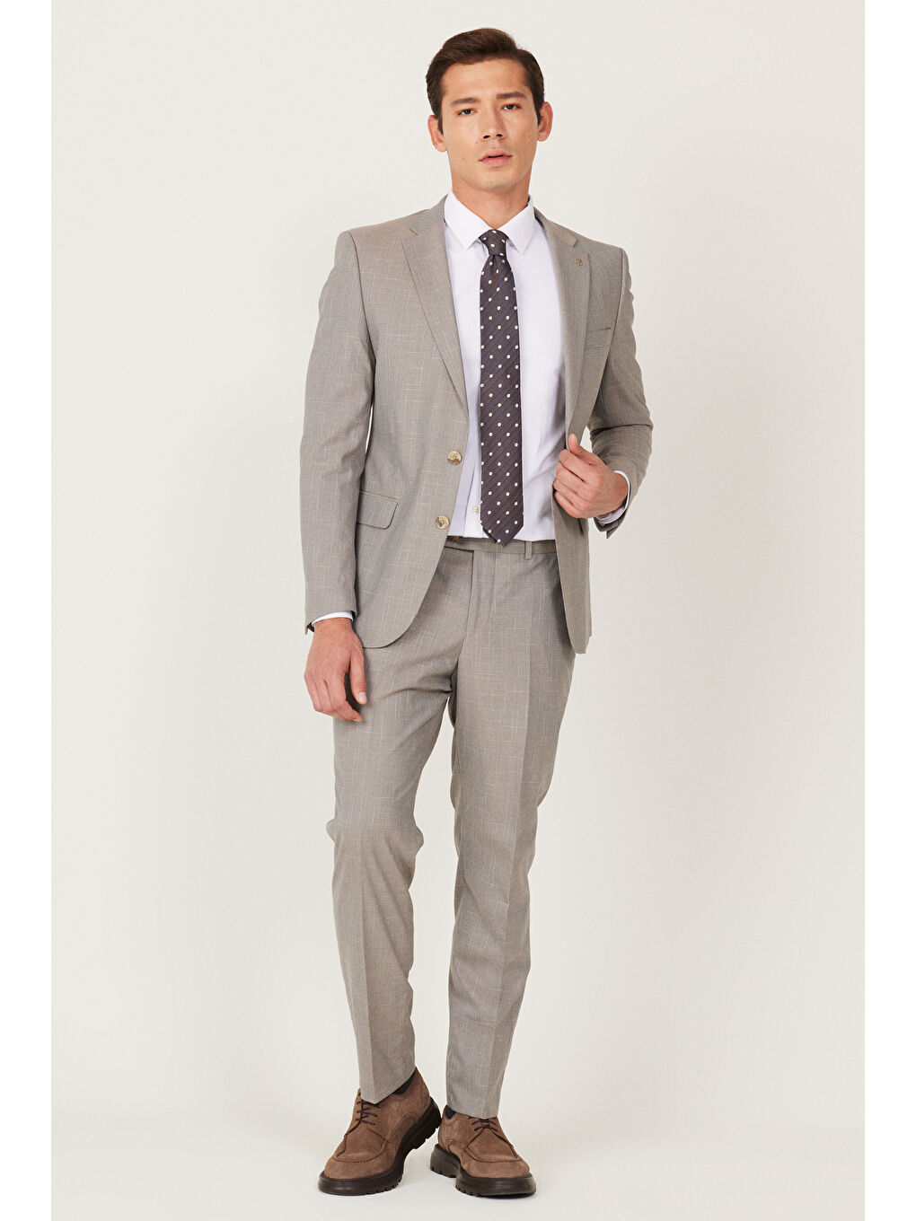 Erkek Bej Ekstra Slim Fit Dar Kesim Mono Yaka Desenli Takım Elbise-1