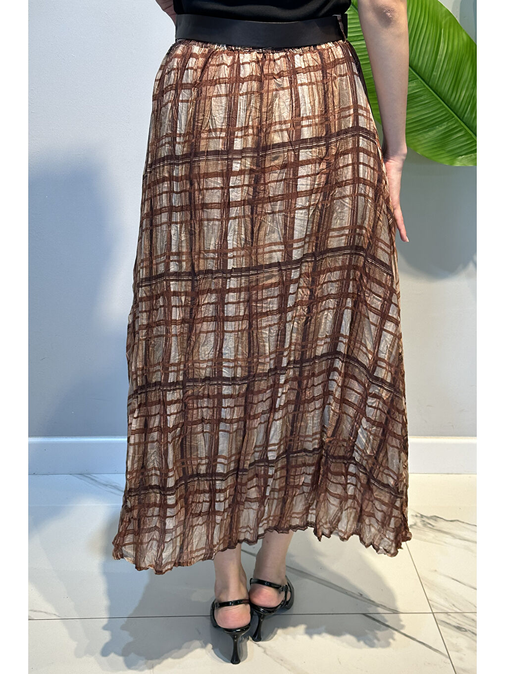 Kahverengi Ekose Desen Pamuklu Şifon Etek 180024 Kiremit-3