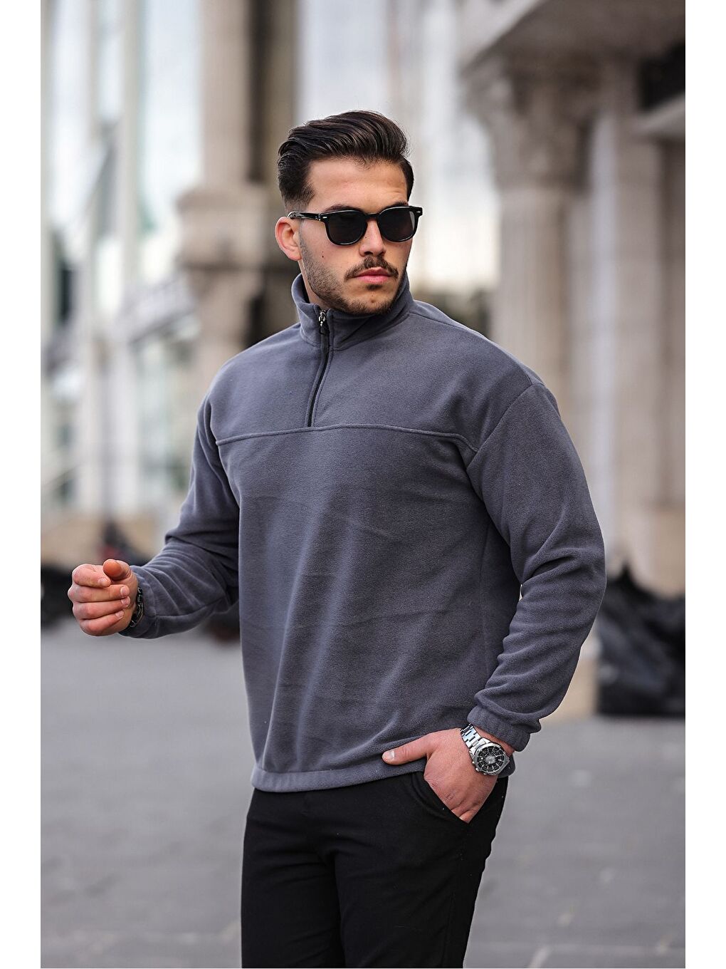 Gri Yarım Fermuarlı Polar Sweatshirt-2