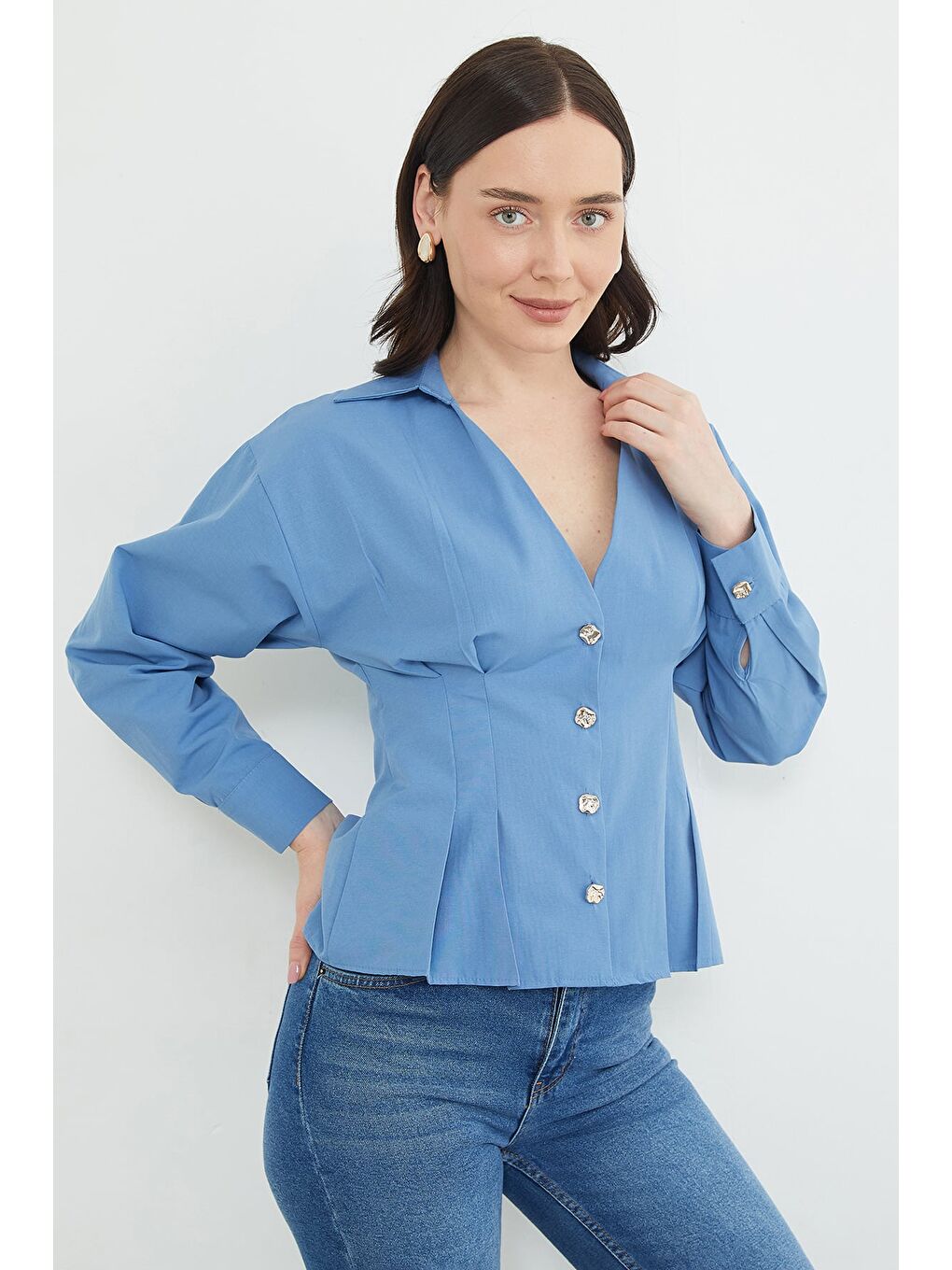 Mavi Beli Pensli Pileli  Gömlek-3