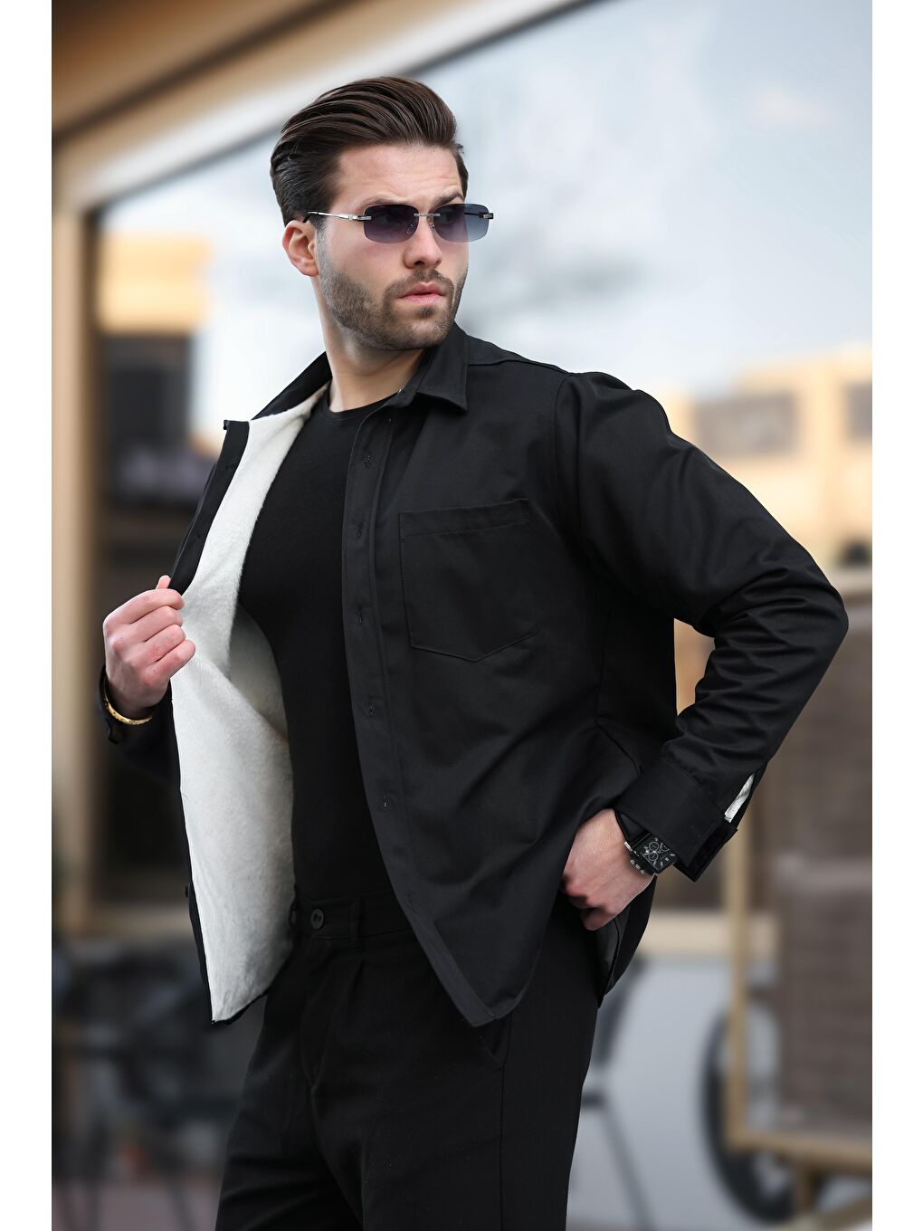 Siyah İçi Polarlı Erkek Gömlek E6759-1