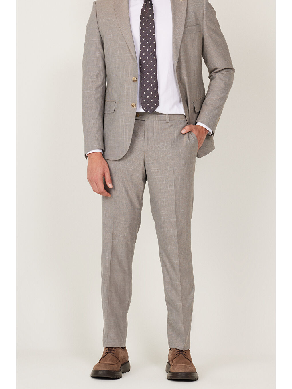 Erkek Bej Ekstra Slim Fit Dar Kesim Mono Yaka Desenli Takım Elbise-2