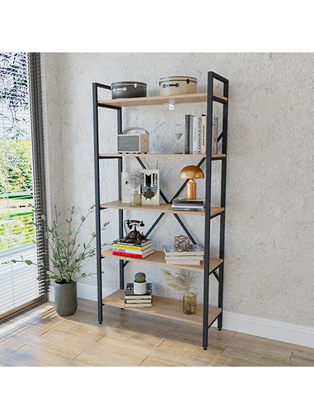 Kahverengi Athena 5 Raflı Geniş Metal Kitaplık - Sepet-2