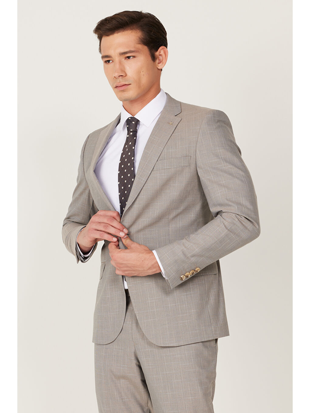 Erkek Bej Ekstra Slim Fit Dar Kesim Mono Yaka Desenli Takım Elbise-3