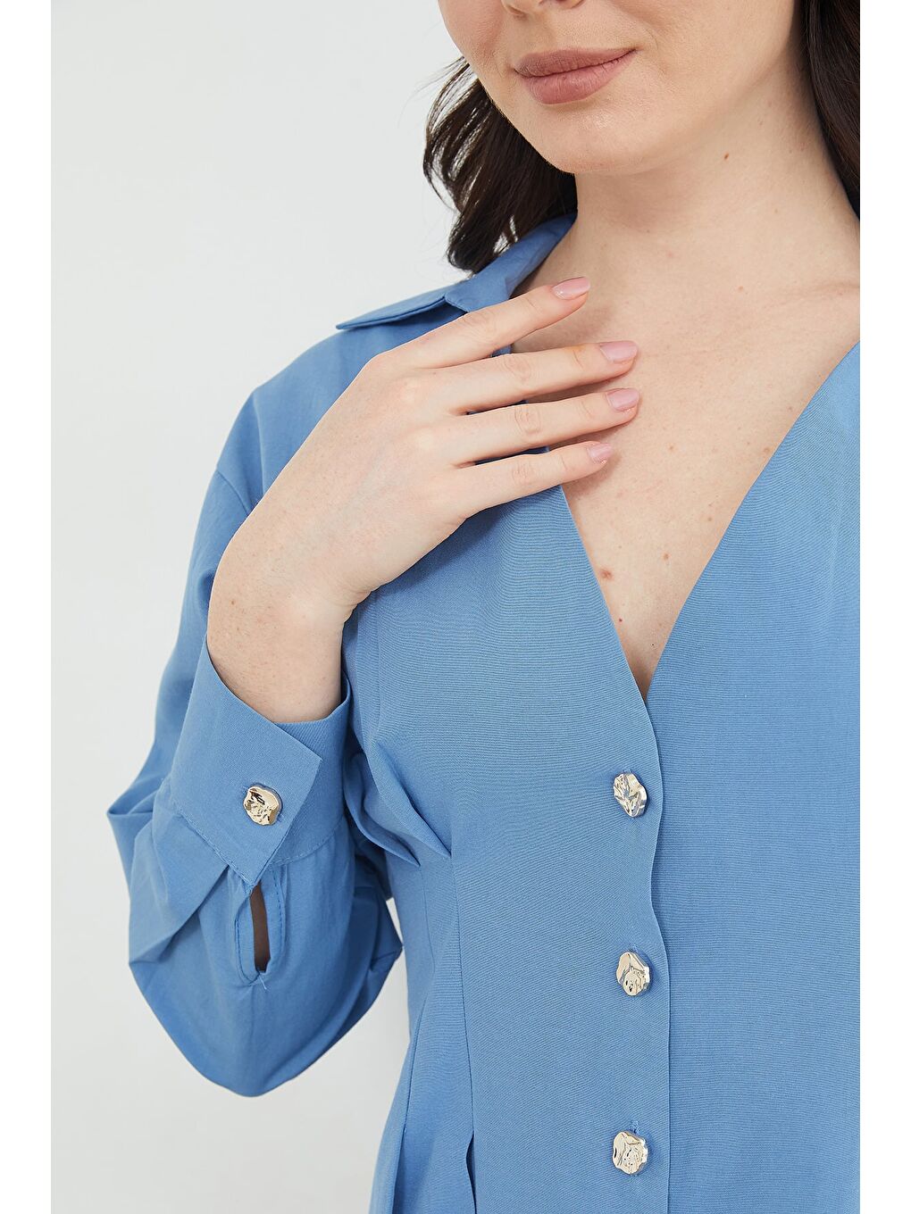 Mavi Beli Pensli Pileli  Gömlek-4