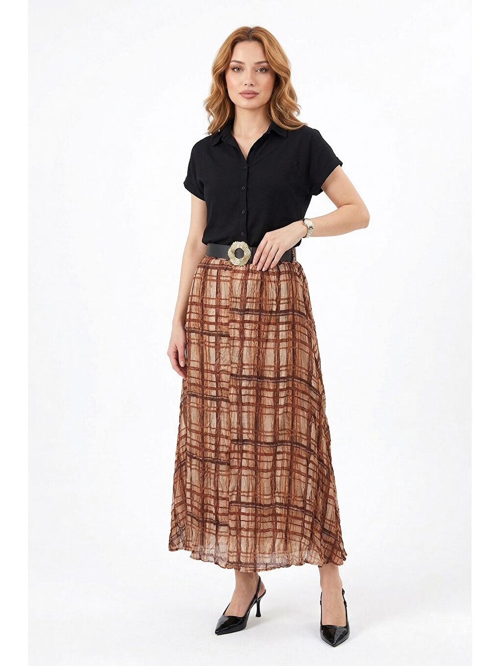 Kahverengi Ekose Desen Pamuklu Şifon Etek 180024 Kiremit-4