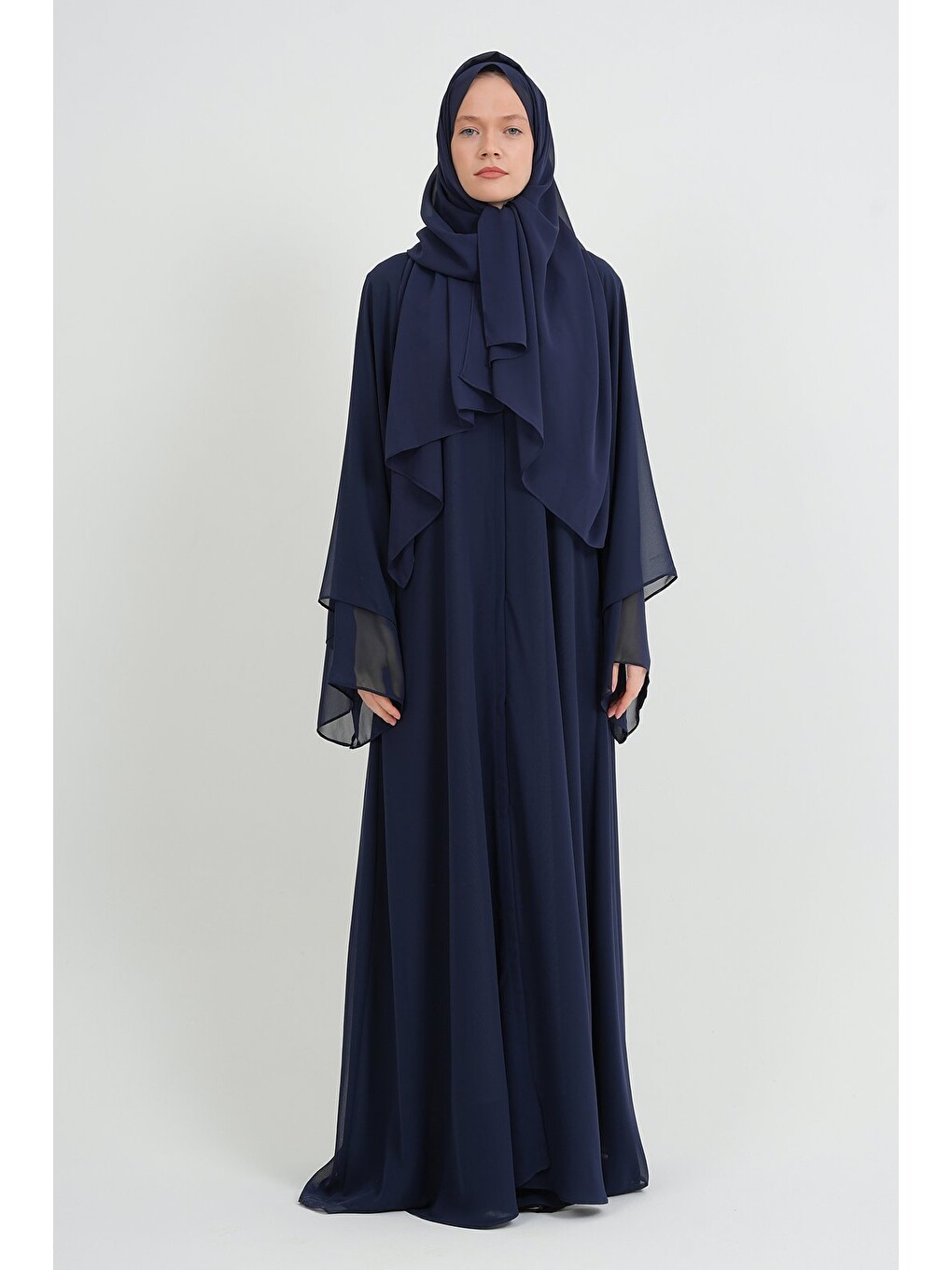 Koyu Lacivert Kadın Şifon Abaya Ferace & Şal-1