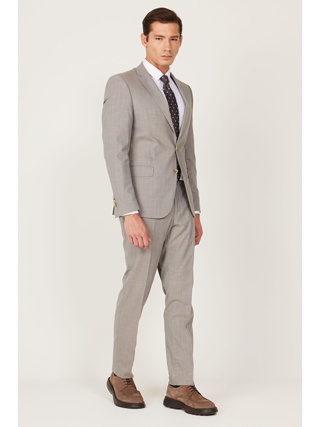 Erkek Bej Ekstra Slim Fit Dar Kesim Mono Yaka Desenli Takım Elbise-4