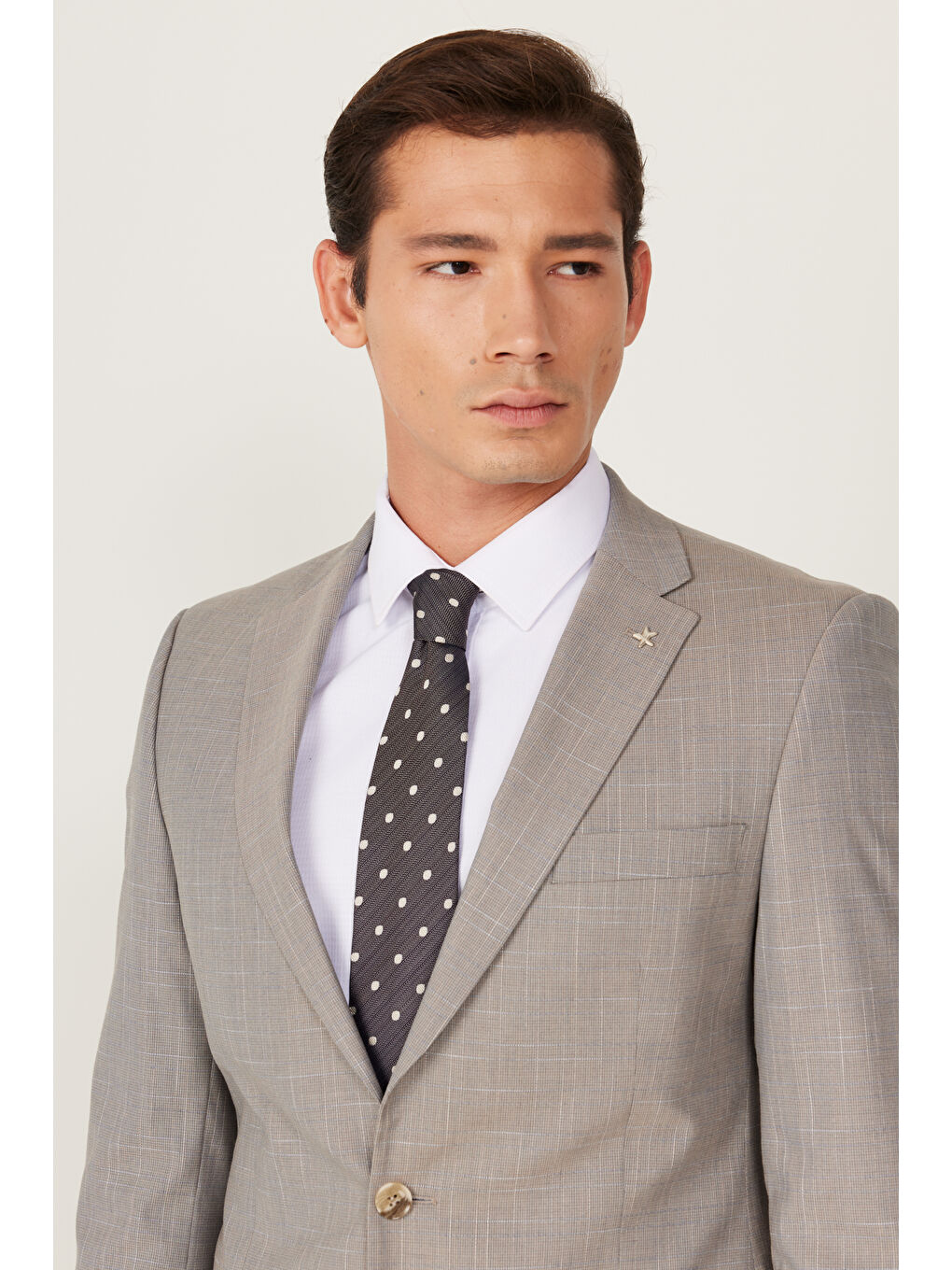 Erkek Bej Ekstra Slim Fit Dar Kesim Mono Yaka Desenli Takım Elbise-5