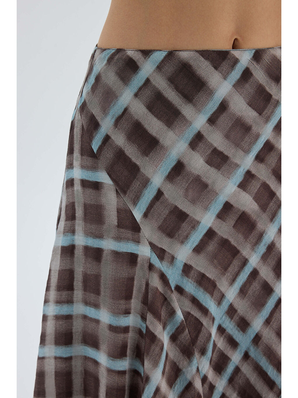 Maffy Dantel Detay Ekoseli Mavi Midi Etek-6