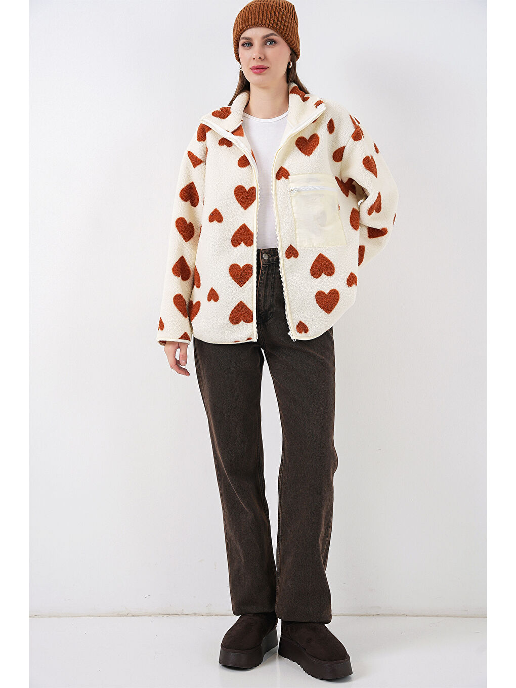 Bej 55446 Fermuarlı Oversize Pelüş Ceket Mont - K. Taba-1