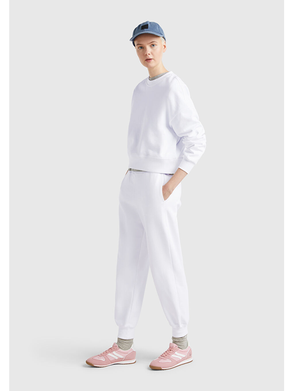 Kadın Beyaz %100 Pamuk Manşetli Beli Lastikli Regular Fit Eşofman Altı-4