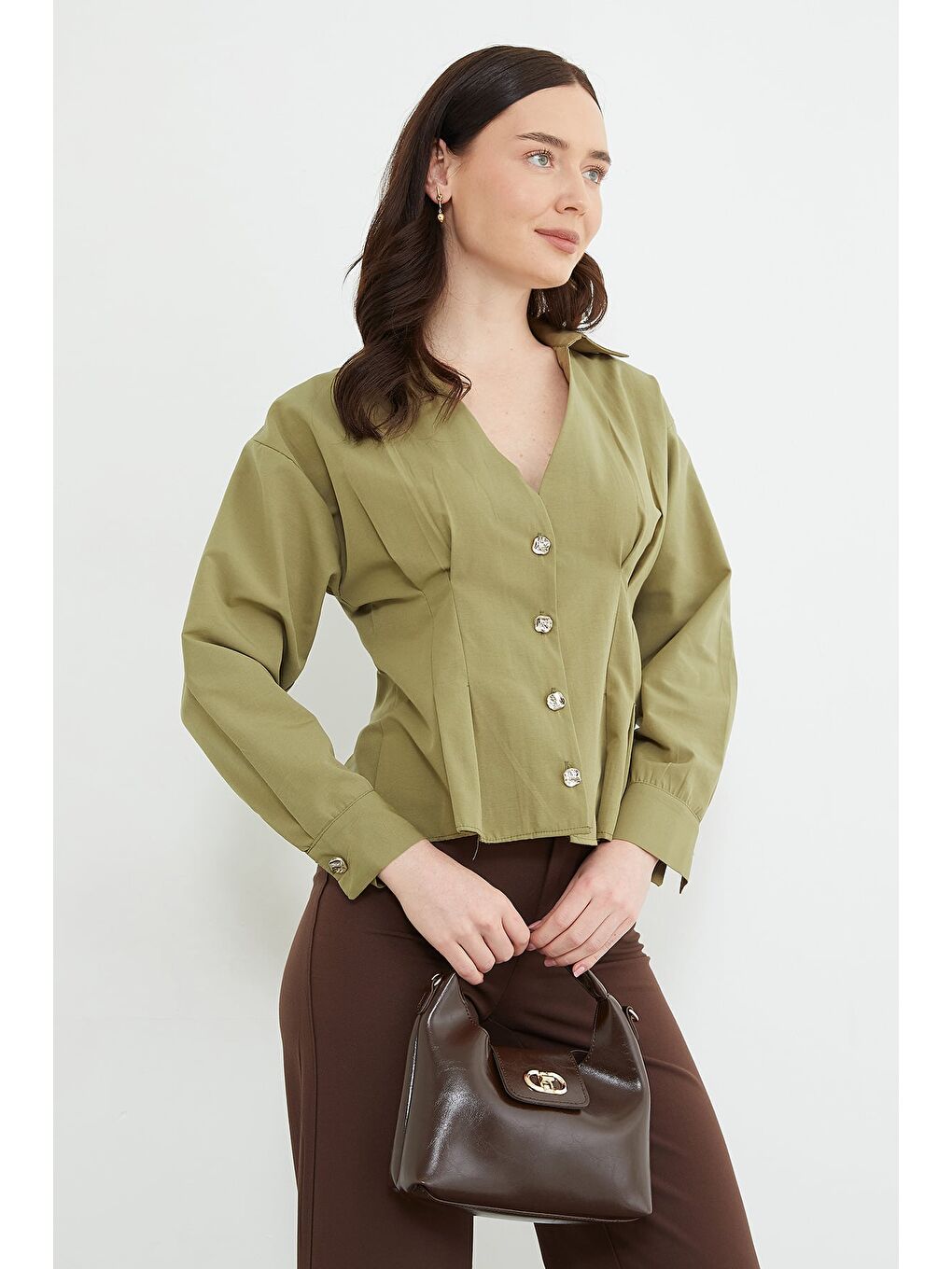 Yeşil Beli Pensli Pileli  Gömlek-1