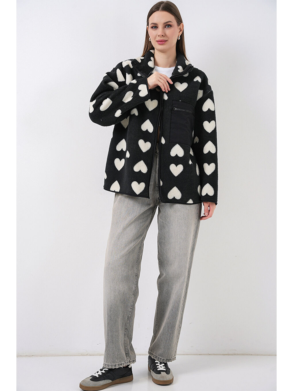 55446 Fermuarlı Oversize Pelüş Ceket Mont - K. Siyah-1