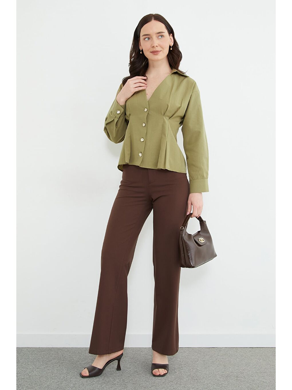 Yeşil Beli Pensli Pileli  Gömlek-2