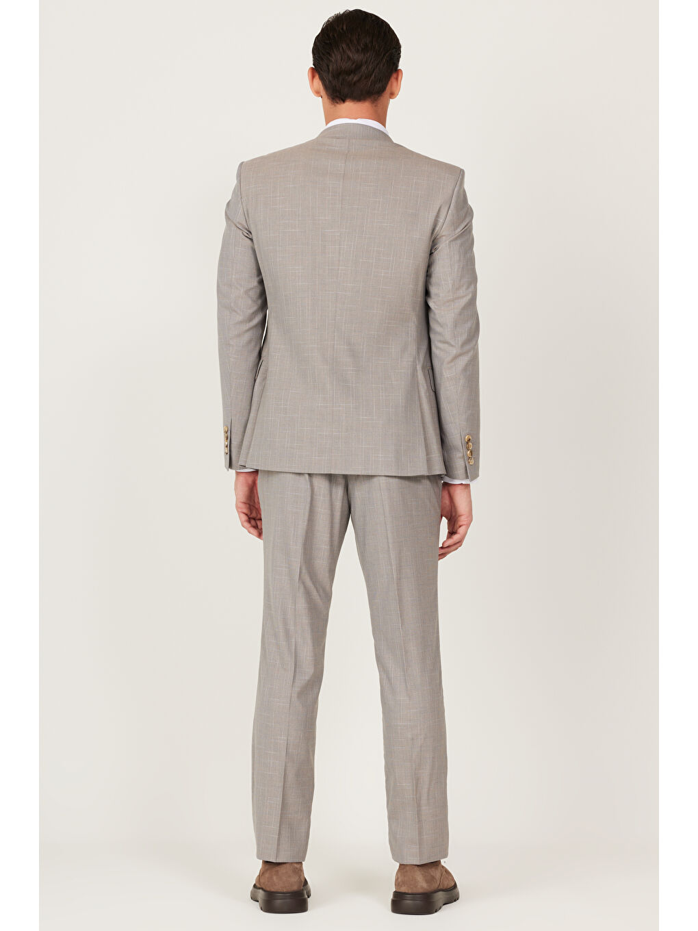 Erkek Bej Ekstra Slim Fit Dar Kesim Mono Yaka Desenli Takım Elbise-6