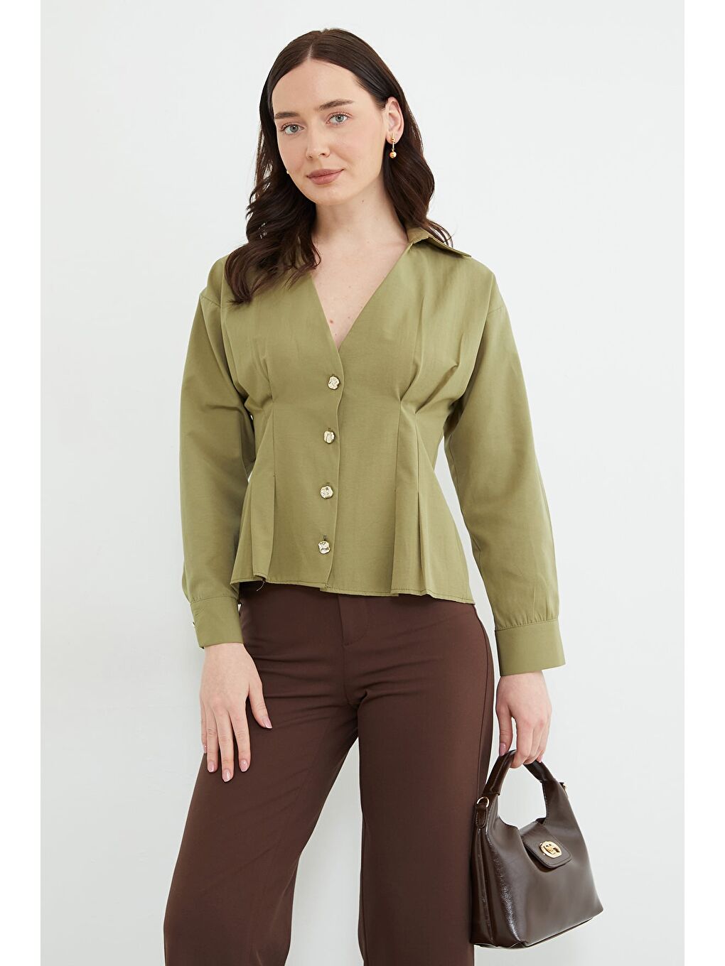 Yeşil Beli Pensli Pileli  Gömlek-3