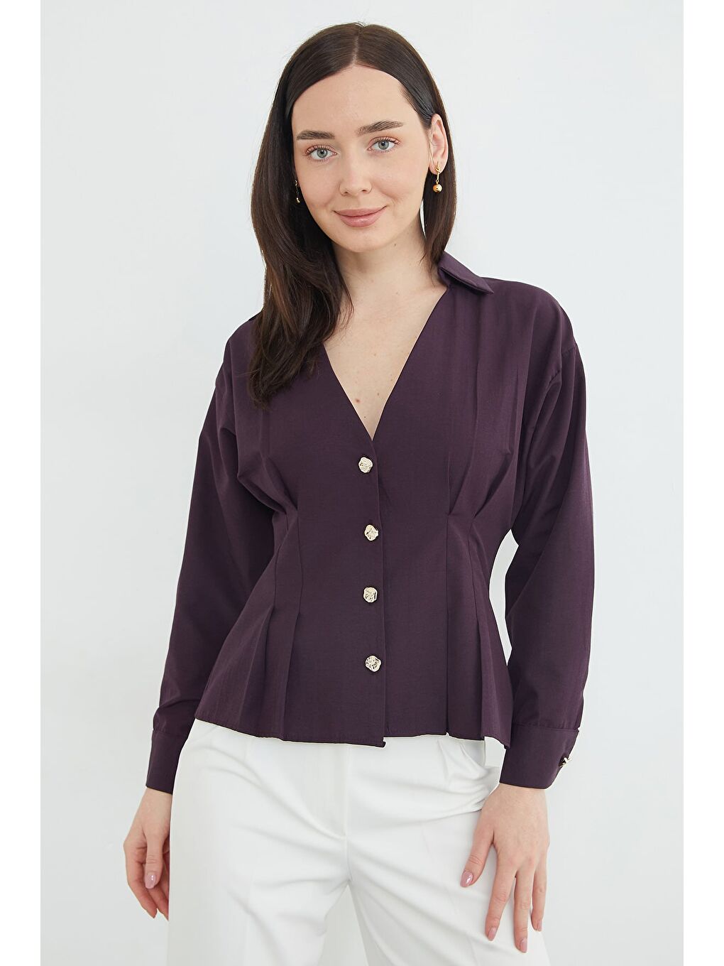 Mor Beli Pensli Pileli Gömlek