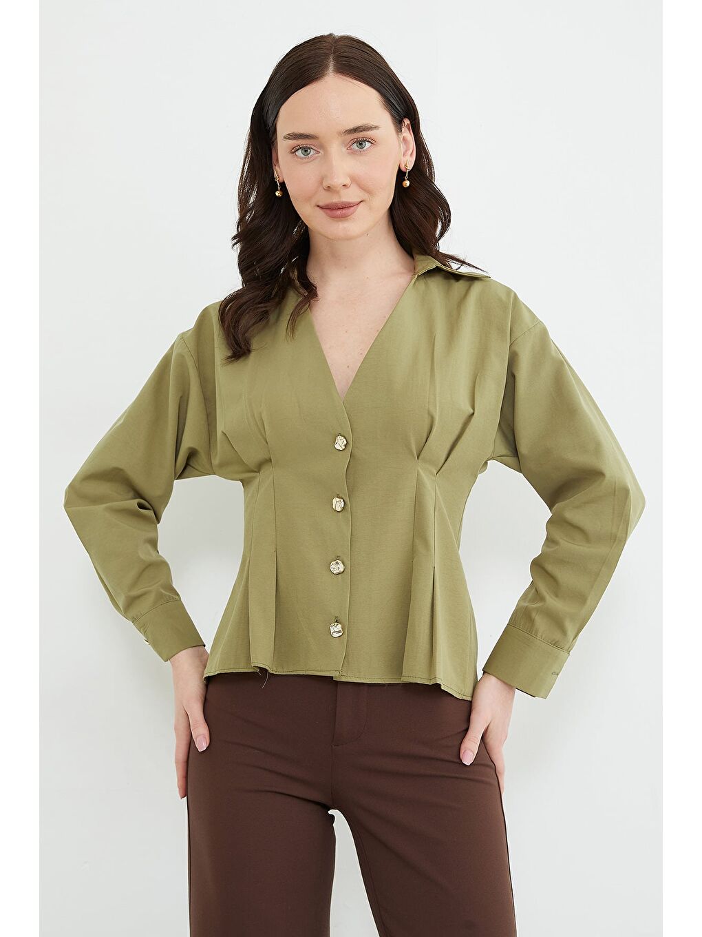 Yeşil Beli Pensli Pileli  Gömlek-4