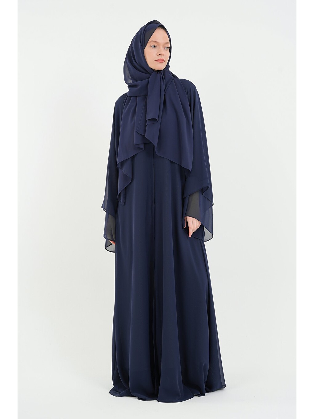 Koyu Lacivert Kadın Şifon Abaya Ferace & Şal-2
