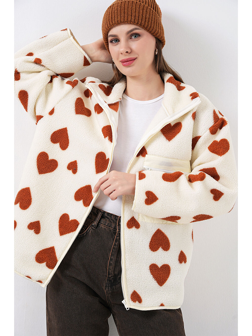 Bej 55446 Fermuarlı Oversize Pelüş Ceket Mont - K. Taba-2