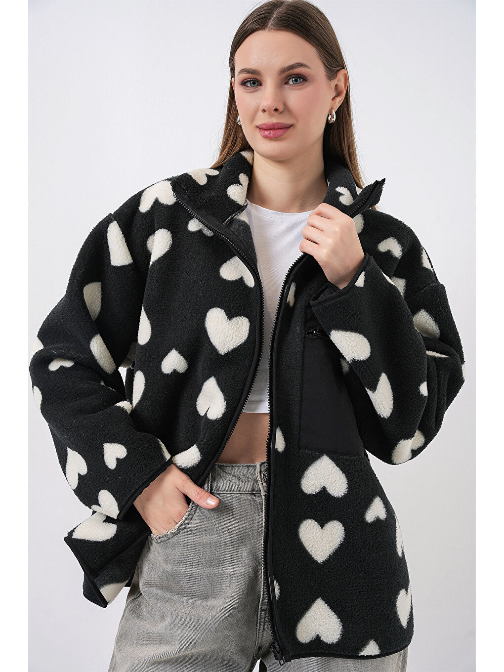 55446 Fermuarlı Oversize Pelüş Ceket Mont - K. Siyah-2