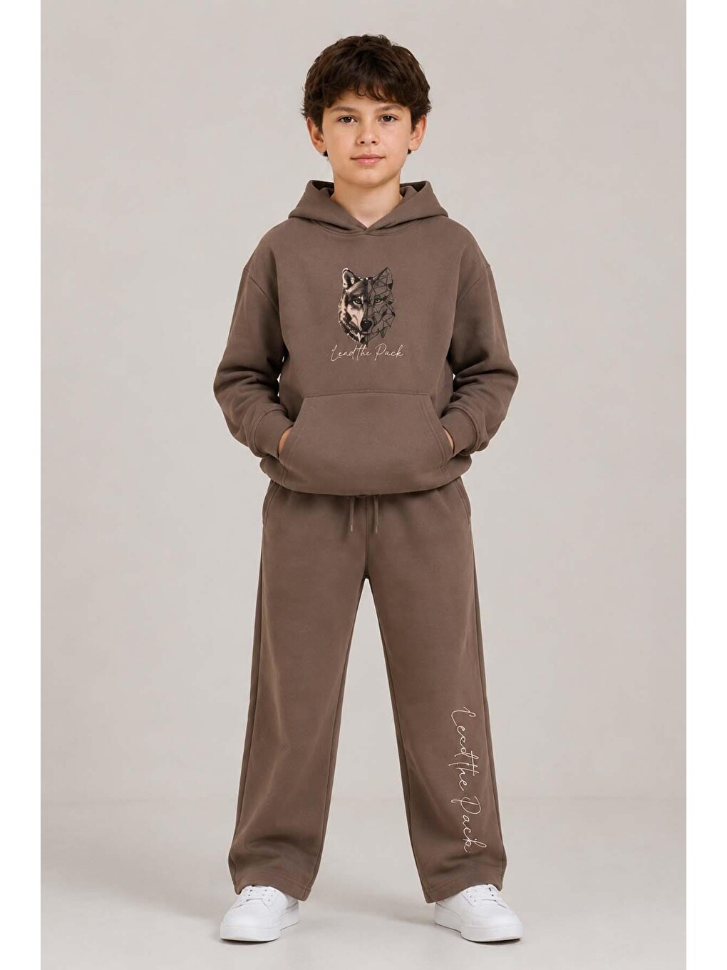 Erkek Çocuk Önü Ve Arkası Çizim Baskılı Kapüşonlu Sweatshirt Kahverengi Eşofman Takım