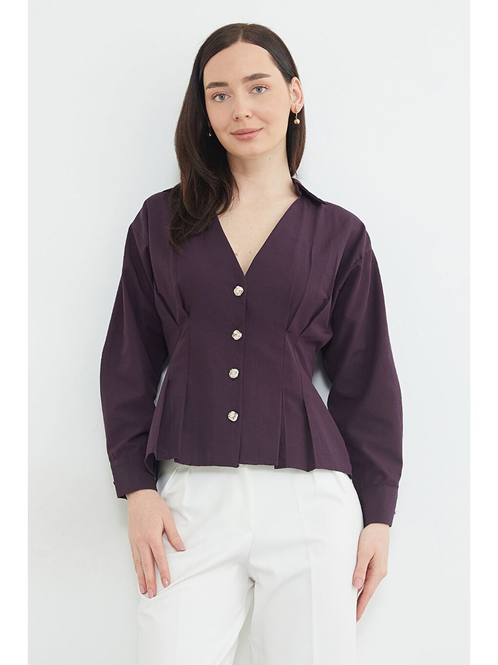 Mor Beli Pensli Pileli Gömlek-1