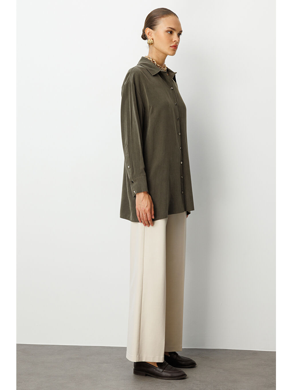 Yan Düğmeli Haki Cupro Tunik-4