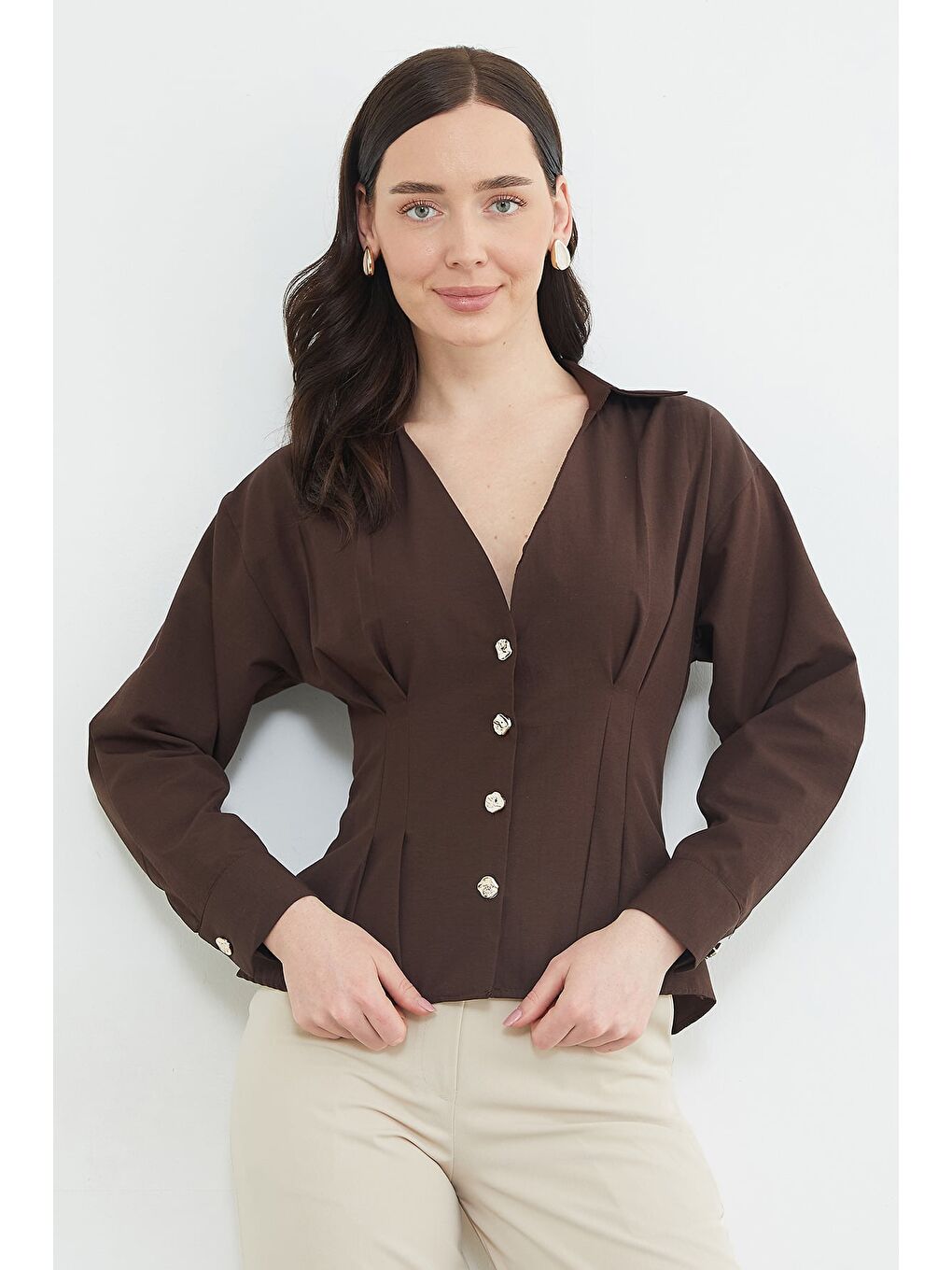 Kahverengi Beli Pensli Pileli  Gömlek-3