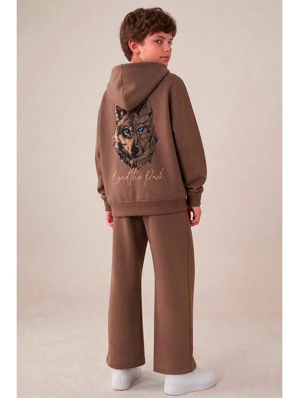 Erkek Çocuk Önü Ve Arkası Çizim Baskılı Kapüşonlu Sweatshirt Kahverengi Eşofman Takım-3
