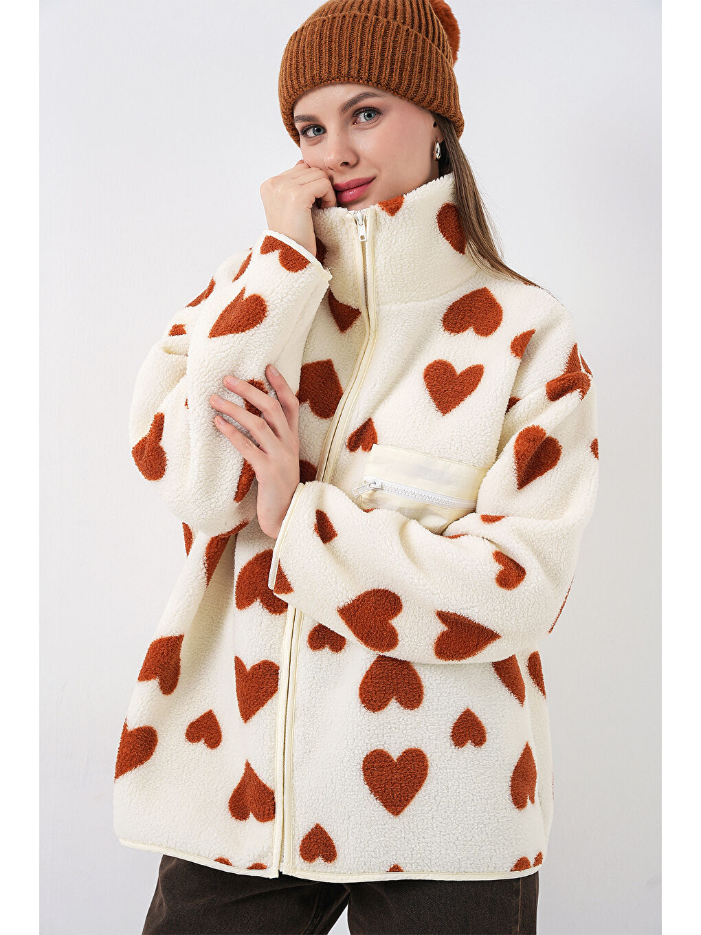 Bej 55446 Fermuarlı Oversize Pelüş Ceket Mont - K. Taba-3