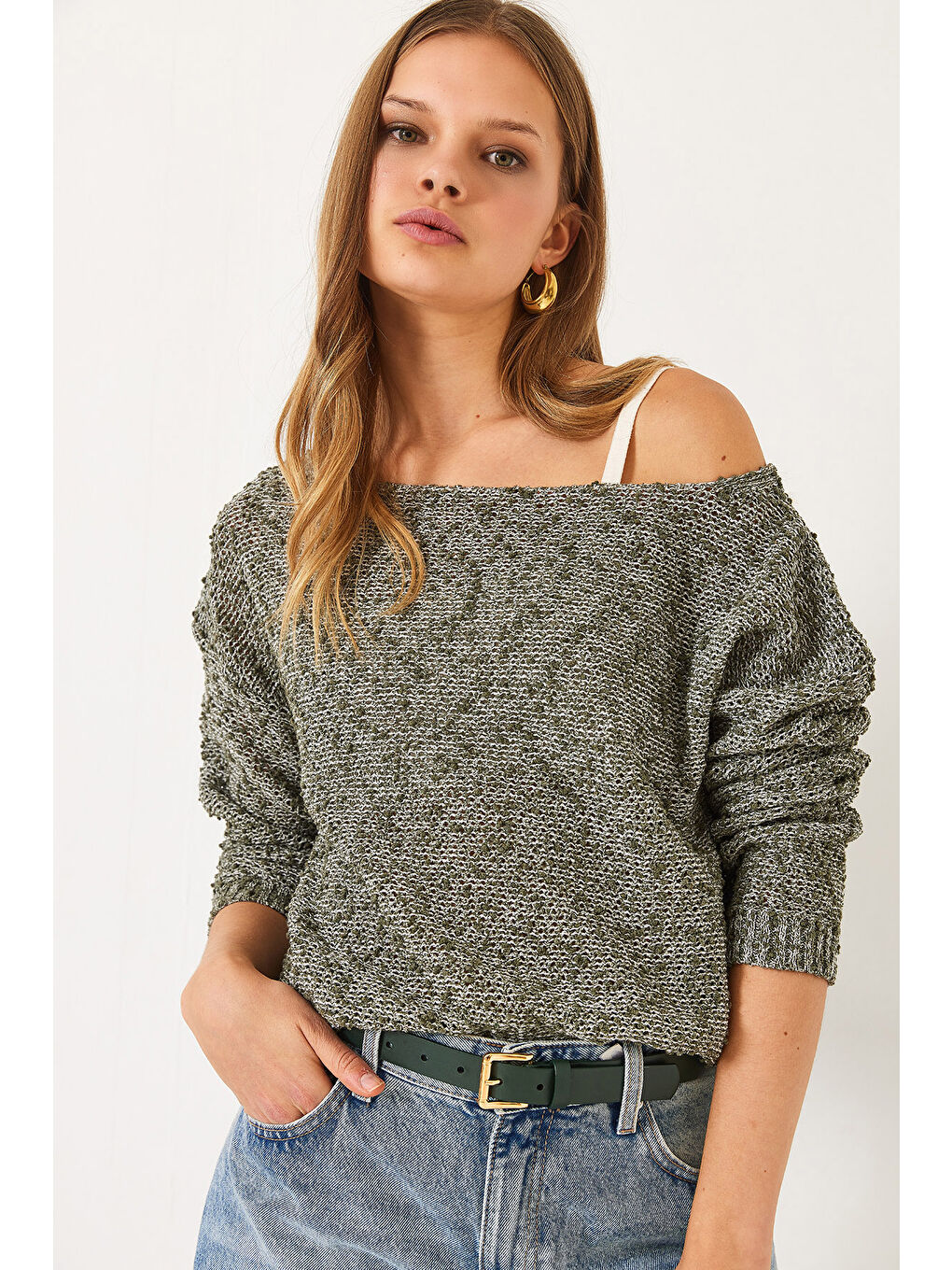 Yeşil Kadın Kayık Yaka File Detay Ajurlu Triko Bluz-1