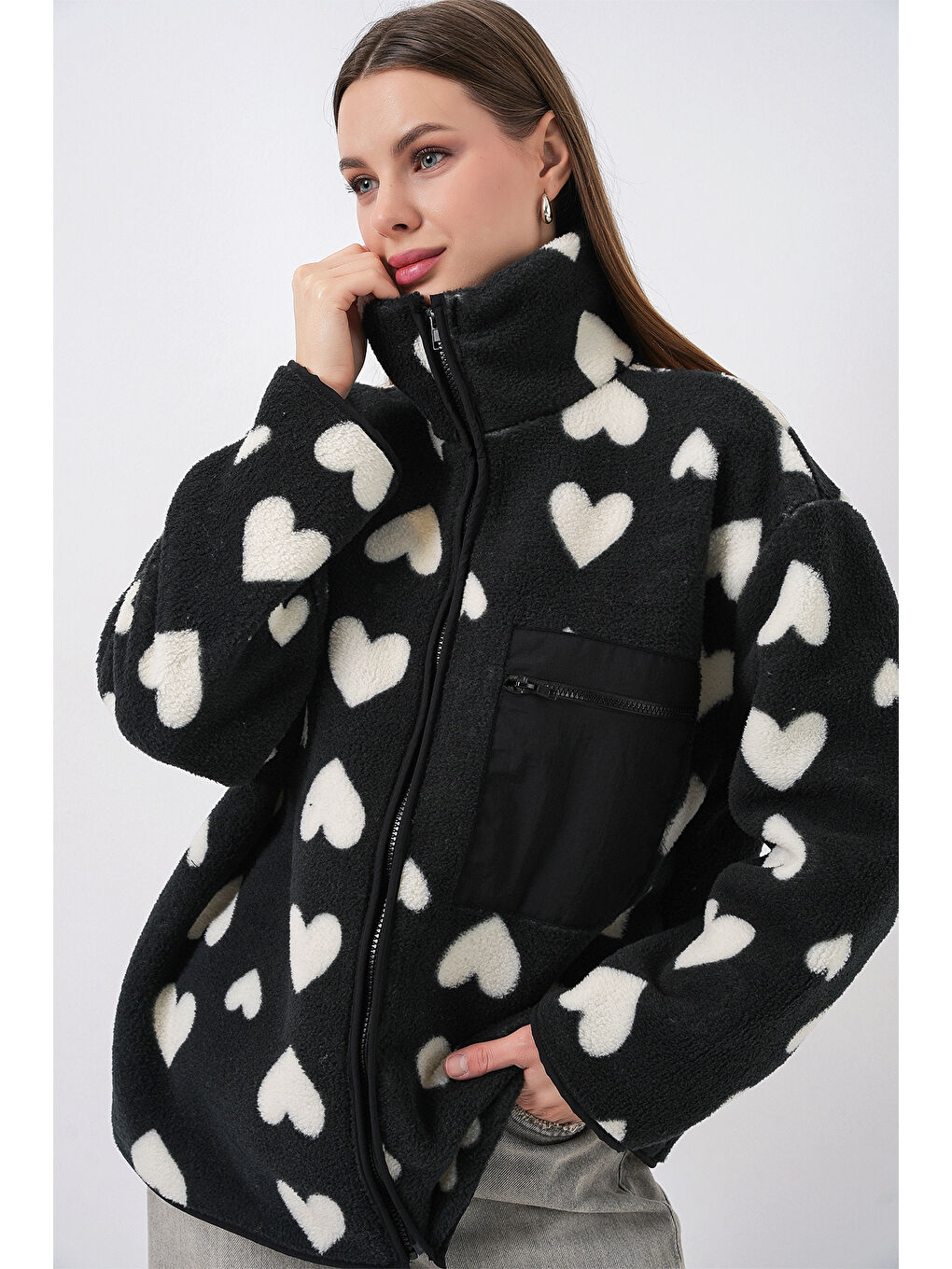 55446 Fermuarlı Oversize Pelüş Ceket Mont - K. Siyah-3