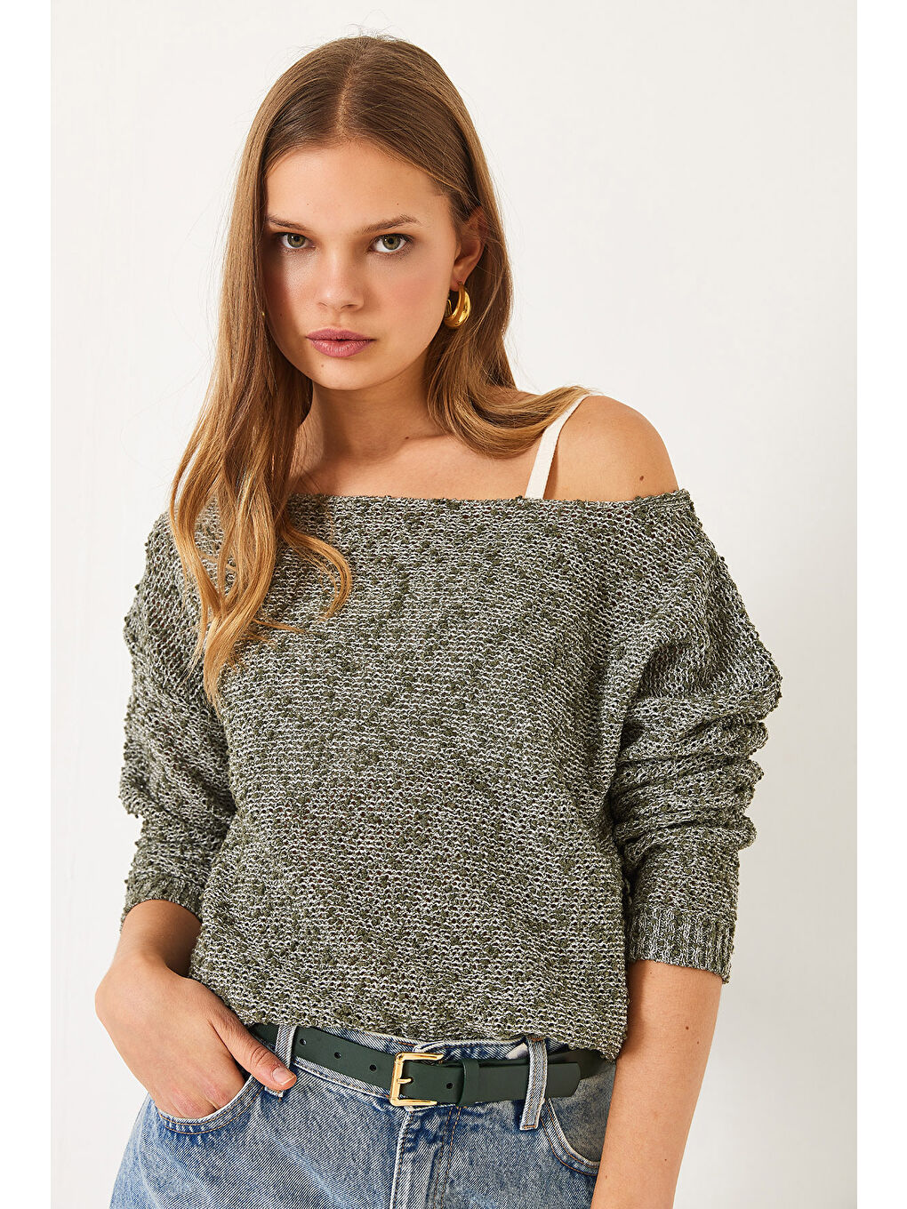 Yeşil Kadın Kayık Yaka File Detay Ajurlu Triko Bluz-2