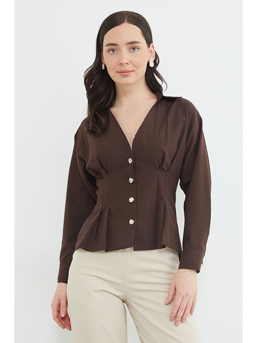 Kahverengi Beli Pensli Pileli  Gömlek-4