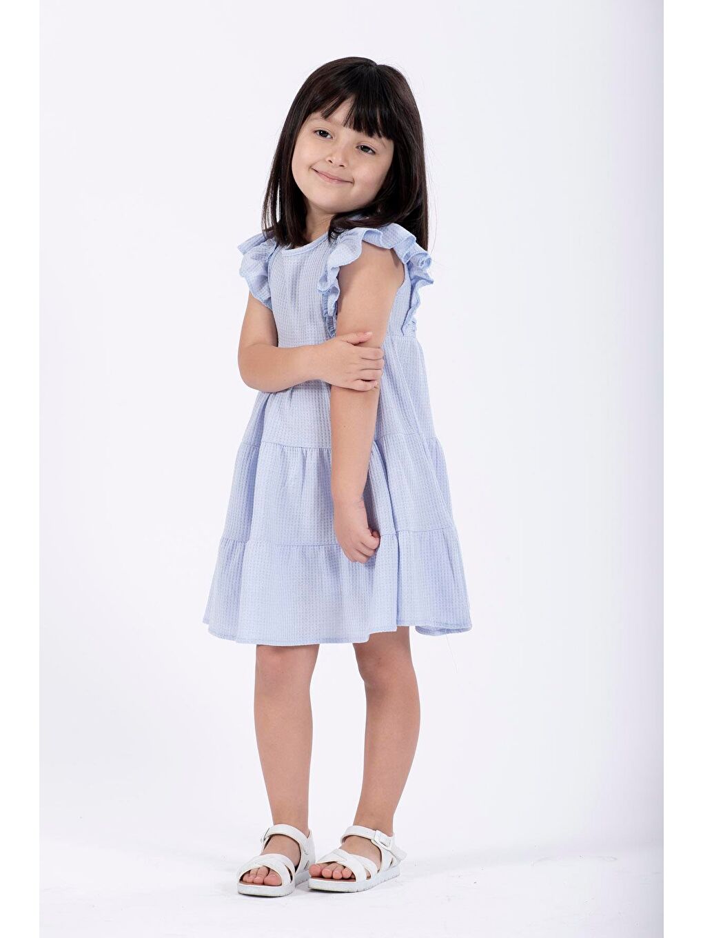 Mavi Kolları Fırfırlı Kız Çocuk Waffle Elbise