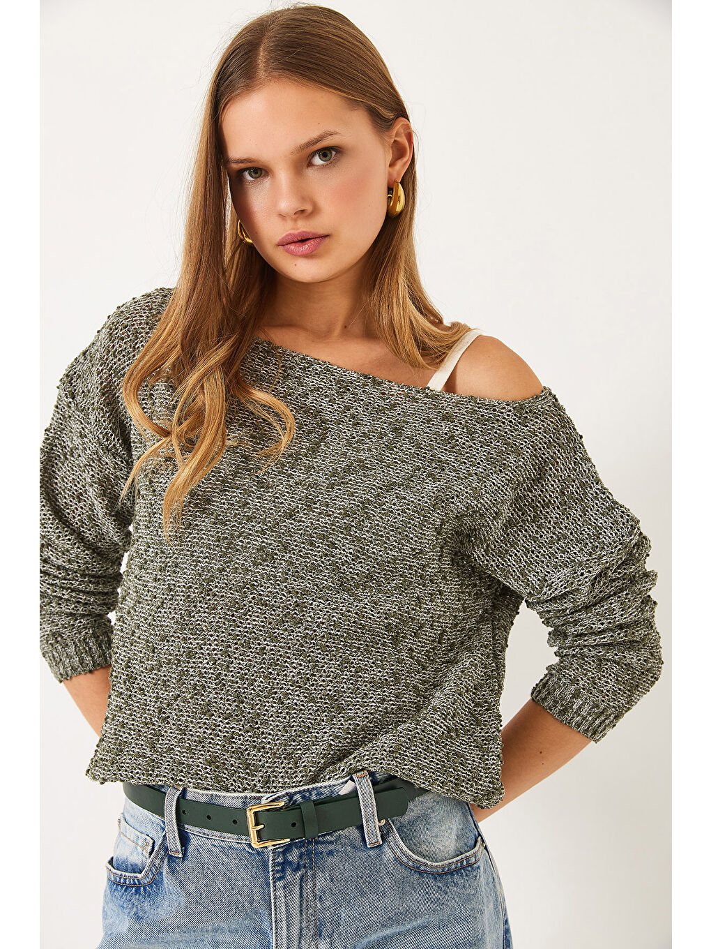 Yeşil Kadın Kayık Yaka File Detay Ajurlu Triko Bluz-3